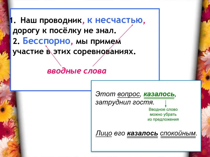 Наш проводник, к несчастью, дорогу к посёлку не знал. 2. Бесспорно,