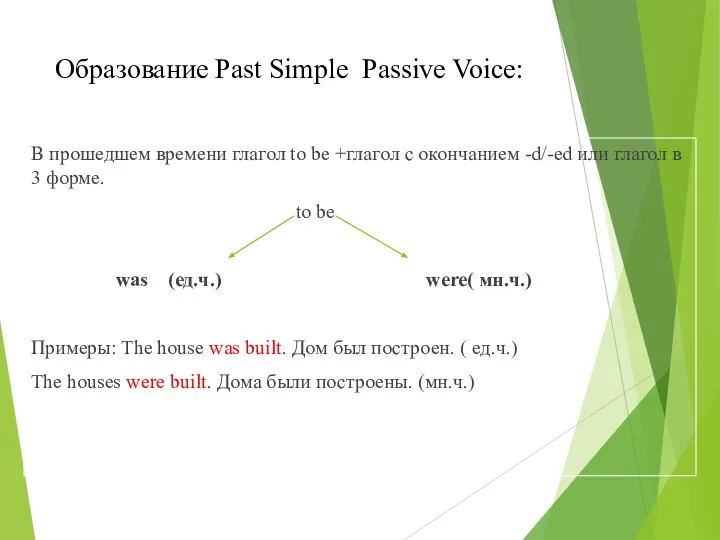 Образование Past Simple Passive Voice: В прошедшем времени глагол to be