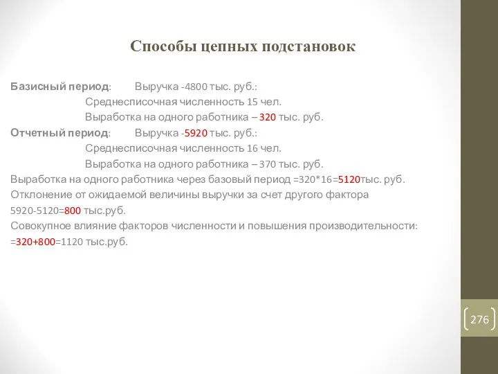 Способы цепных подстановок Базисный период: Выручка -4800 тыс. руб.: Среднесписочная численность