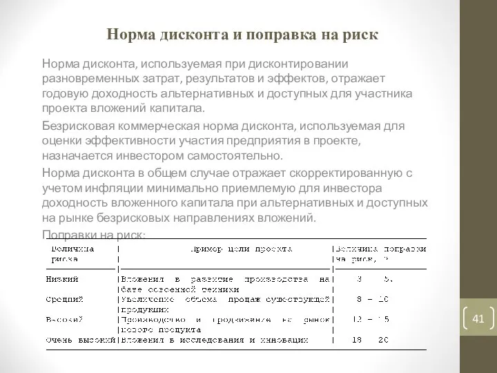 Норма дисконта и поправка на риск Норма дисконта, используемая при дисконтировании