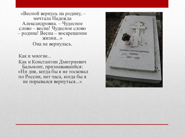 «Весной вернусь на родину, – мечтала Надежда Александровна. – Чудесное слово