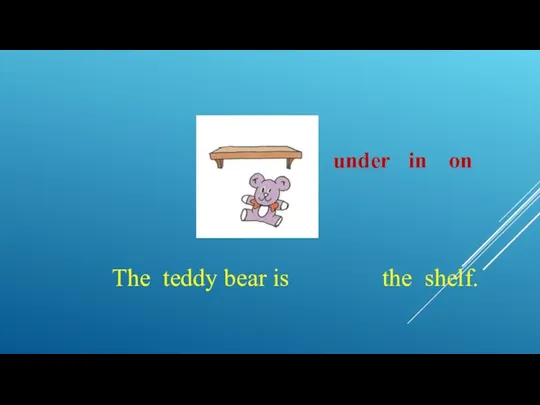 The teddy bear is the shelf. on in under