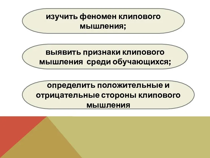 выявить признаки клипового мышления среди обучающихся; изучить феномен клипового мышления;. определить