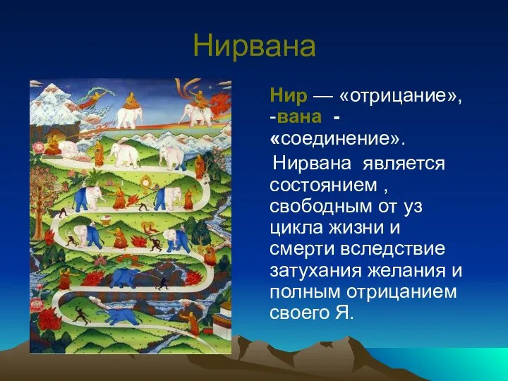 Нирвана Нир — «отрицание», -вана - «соединение». Нирвана является состоянием ,