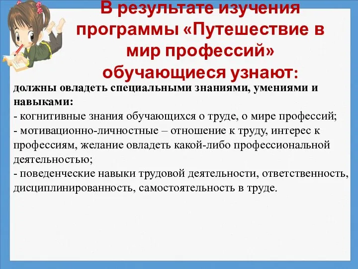 В результате изучения программы «Путешествие в мир профессий» обучающиеся узнают: должны