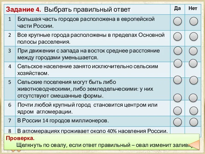 Проверка Проверка. Щелкнуть по овалу, если ответ правильный – овал изменит заливку.