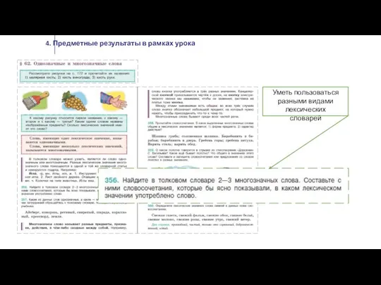 4. Предметные результаты в рамках урока Уметь пользоваться разными видами лексических словарей