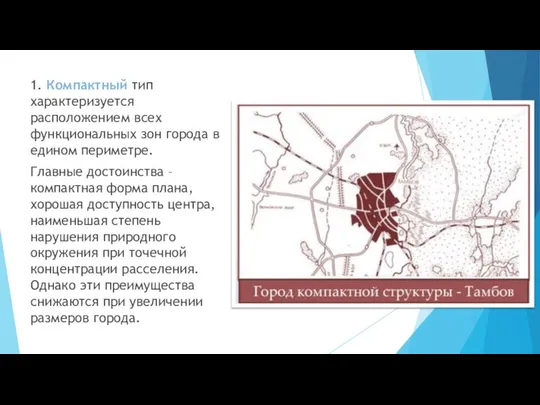 1. Компактный тип характеризуется расположением всех функциональных зон города в едином