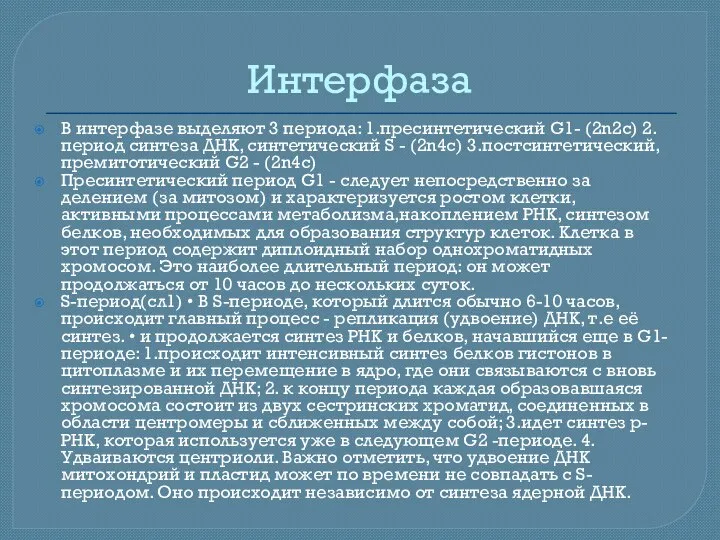 Интерфаза В интерфазе выделяют 3 периода: 1.пресинтетический G1- (2n2c) 2.период синтеза