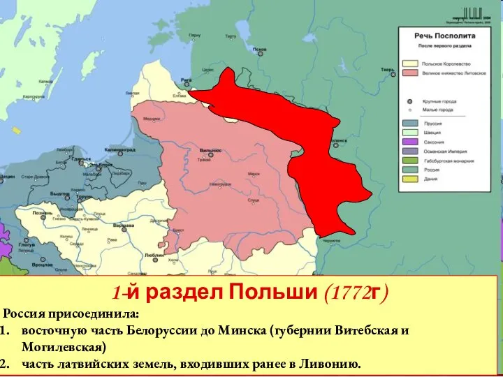 1-й раздел Польши (1772г) Россия присоединила: восточную часть Белоруссии до Минска