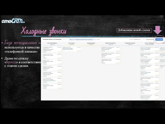 Холодные звонки База потенциальных –используется в качестве «телефонной книжки» Далее по