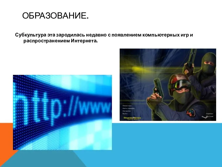 ОБРАЗОВАНИЕ. Субкультура эта зародилась недавно с появлением компьютерных игр и распространением Интернета.