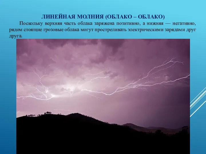 ЛИНЕЙНАЯ МОЛНИЯ (ОБЛАКО – ОБЛАКО) Поскольку верхняя часть облака заряжена позитивно,