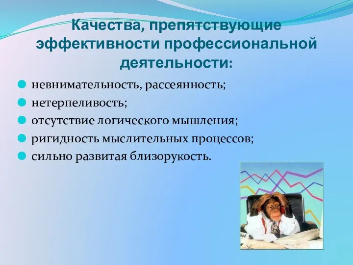 Качества, препятствующие эффективности профессиональной деятельности: невнимательность, рассеянность; нетерпеливость; отсутствие логического мышления;