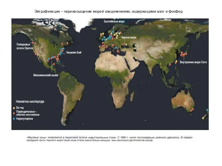 Эвтрофикация – перенасыщение морей соединениями, содержащими азот и фосфор