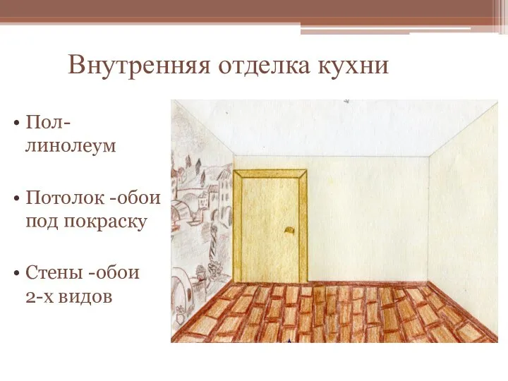 Внутренняя отделка кухни Пол- линолеум Потолок -обои под покраску Стены -обои 2-х видов