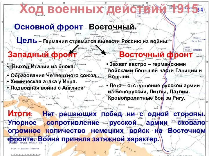 Основной фронт – Восточный. Цель – Германия стремится вывести Россию из