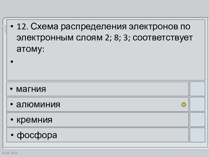 10.09.2010 12. Схема распределения электронов по электронным слоям 2; 8; 3;