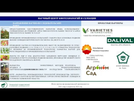 НАУЧНЫЙ ЦЕНТР БИОТЕХНОЛОГИЙ И СЕЛЕКЦИИ НАПРАВЛЕНИЯ НАУЧНО-ИССЛЕДОВАТЕЛЬСКИХ РАБОТ ПРОЕКТНЫЕ ПАРТНЕРЫ РАБОТЫ