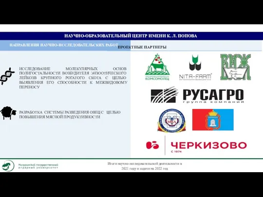 НАУЧНО-ОБРАЗОВАТЕЛЬНЫЙ ЦЕНТР ИМЕНИ К. Л. ПОПОВА НАПРАВЛЕНИЯ НАУЧНО-ИССЛЕДОВАТЕЛЬСКИХ РАБОТ ПРОЕКТНЫЕ ПАРТНЕРЫ