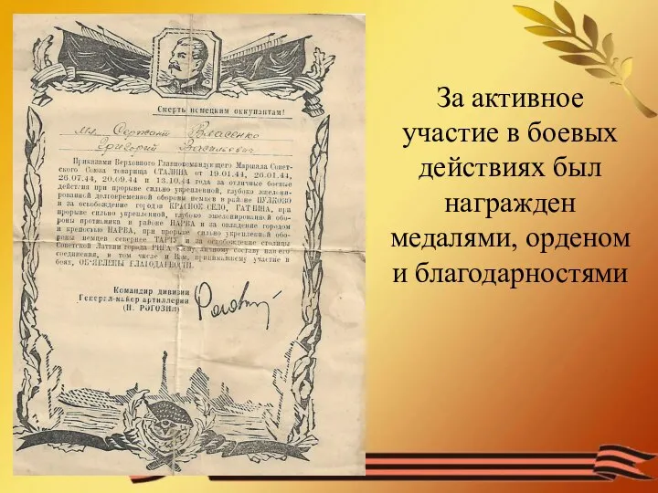 За активное участие в боевых действиях был награжден медалями, орденом и благодарностями