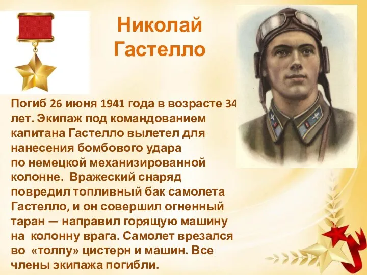 Николай Гастелло Погиб 26 июня 1941 года в возрасте 34 лет.