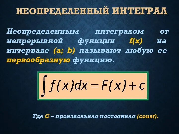 НЕОПРЕДЕЛЕННЫЙ ИНТЕГРАЛ Неопределенным интегралом от непрерывной функции f(x) на интервале (a;