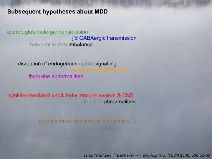 Subsequent hypotheses about MDD altered glutamatergic transmission ↓’d GABAergic transmission monoamine-Ach
