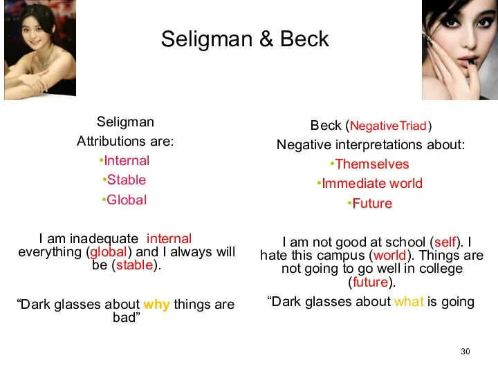 Seligman & Beck Seligman Attributions are: Internal Stable Global I am