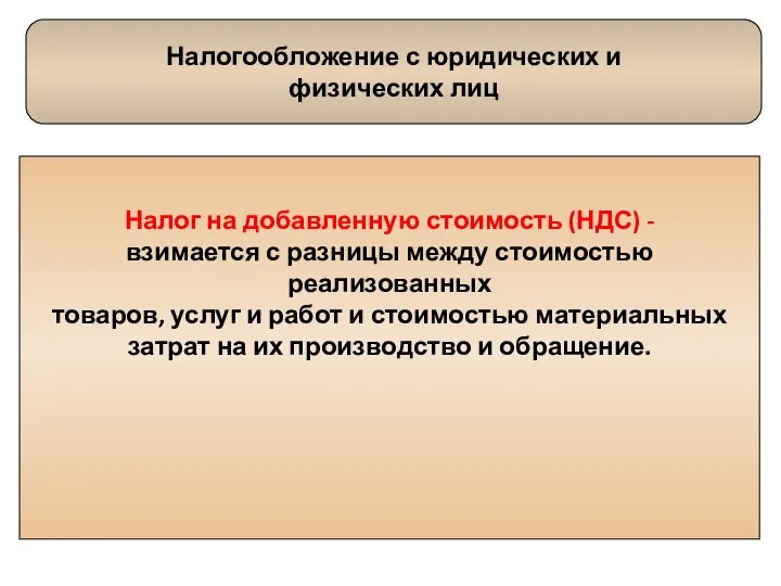 Налогообложение с юридических и физических лиц Налог на добавленную стоимость (НДС)