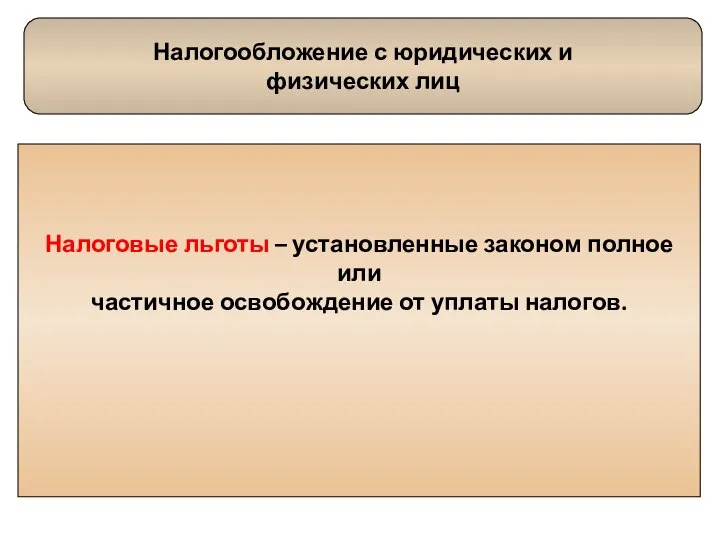 Налогообложение с юридических и физических лиц Налоговые льготы – установленные законом