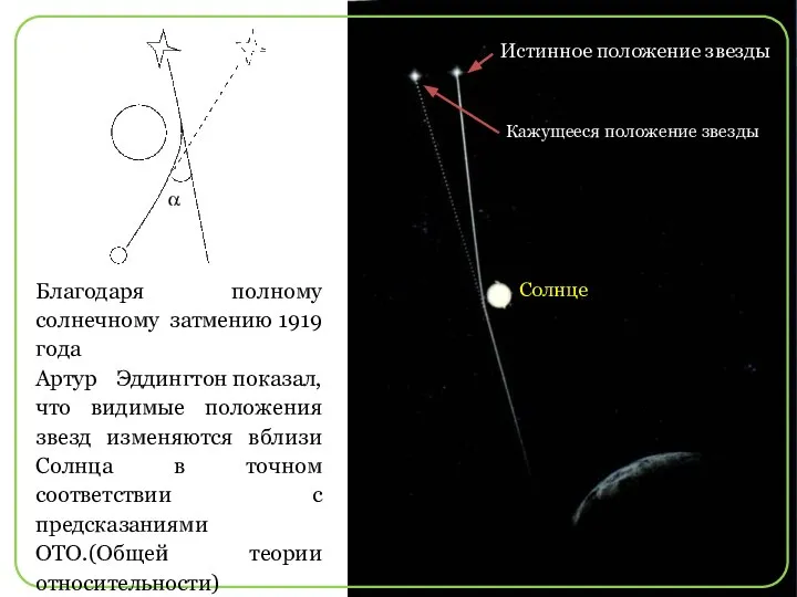 Благодаря полному солнечному затмению 1919 года Артур Эддингтон показал, что видимые