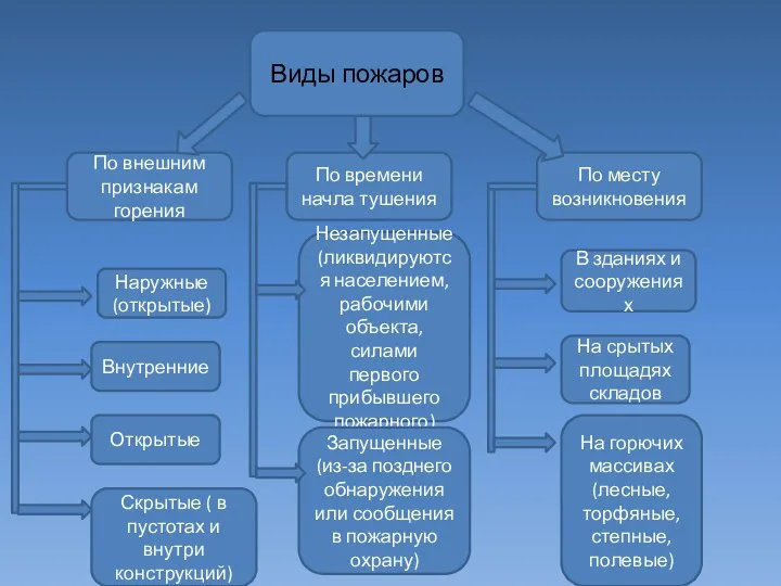 Виды пожаров По внешним признакам горения По месту возникновения По времени