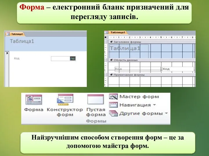 Форма – електронний бланк призначений для перегляду записів. Найзручнішим способом створення