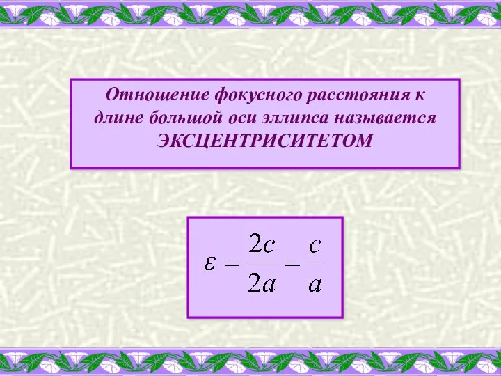 Отношение фокусного расстояния к длине большой оси эллипса называется ЭКСЦЕНТРИСИТЕТОМ