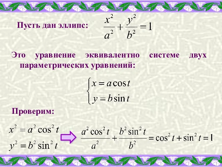 Пусть дан эллипс: Это уравнение эквивалентно системе двух параметрических уравнений: Проверим: