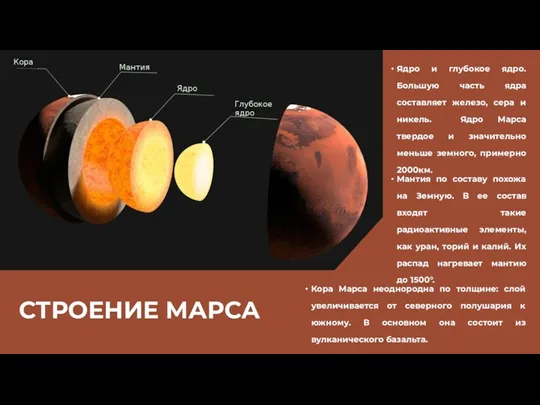 СТРОЕНИЕ МАРСА Ядро и глубокое ядро. Большую часть ядра составляет железо,