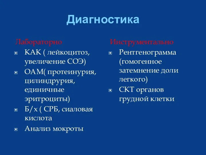 Диагностика Лабораторно КАК ( лейкоцитоз, увеличение СОЭ) ОАМ( протеинурия, цилиндрурия, единичные