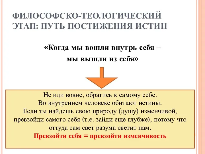 ФИЛОСОФСКО-ТЕОЛОГИЧЕСКИЙ ЭТАП: ПУТЬ ПОСТИЖЕНИЯ ИСТИН «Когда мы вошли внутрь себя –