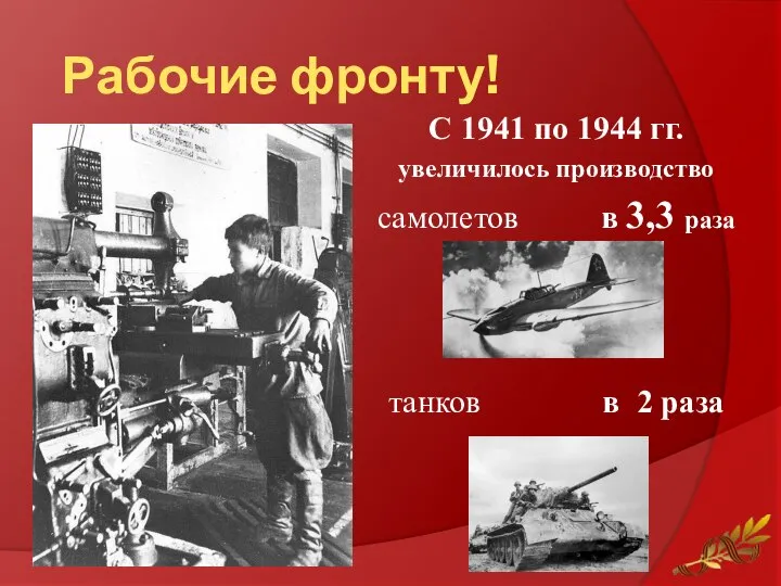 Рабочие фронту! С 1941 по 1944 гг. увеличилось производство самолетов в