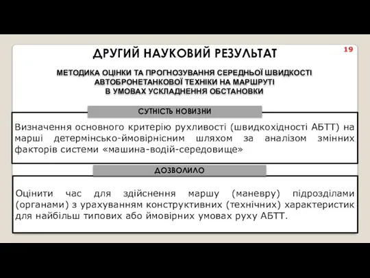 ДРУГИЙ НАУКОВИЙ РЕЗУЛЬТАТ Визначення основного критерію рухливості (швидкохідності АБТТ) на марші