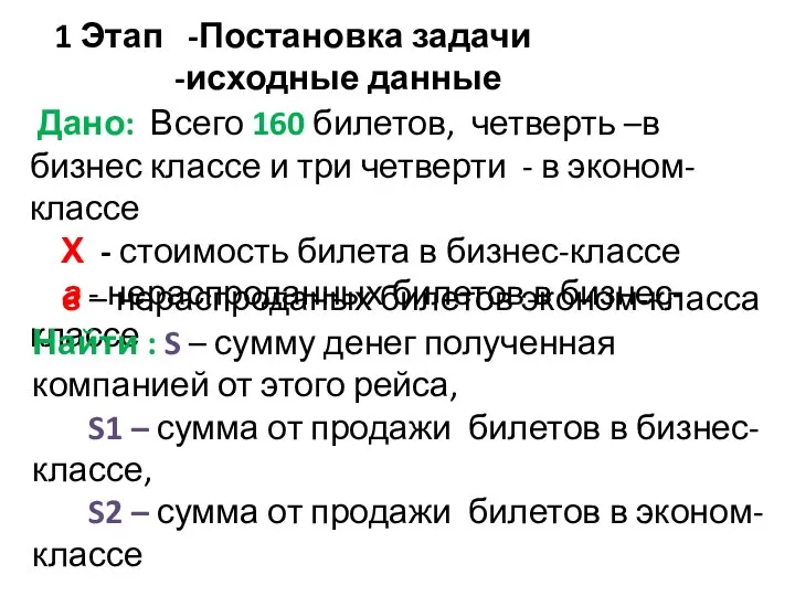 1 Этап -Постановка задачи -исходные данные Дано: Всего 160 билетов, четверть