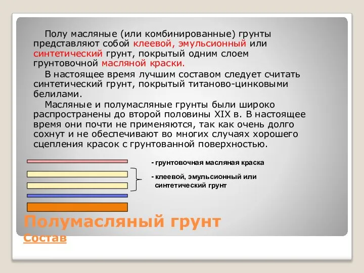 Полумасляный грунт Состав Полу масляные (или комбинированные) грунты представляют собой клеевой,