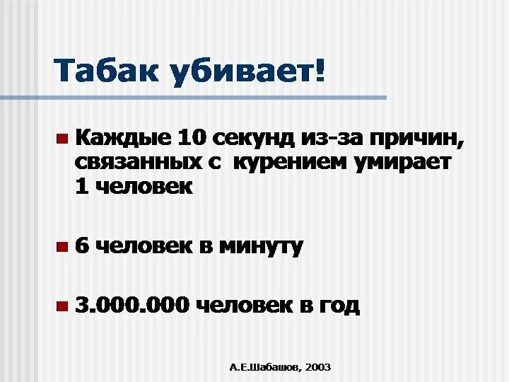 А.Е.Шабашов, 2003 Табак убивает! Каждые 10 секунд из-за причин, связанных с