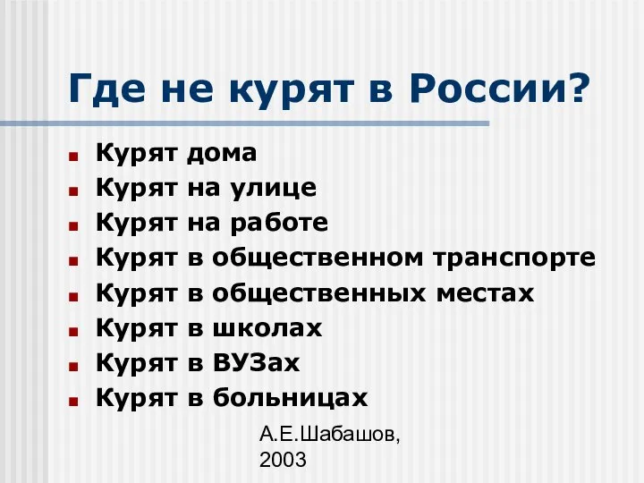 А.Е.Шабашов, 2003 Где не курят в России? Курят дома Курят на