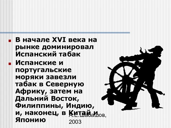 А.Е.Шабашов, 2003 В начале XVI века на рынке доминировал Испанский табак