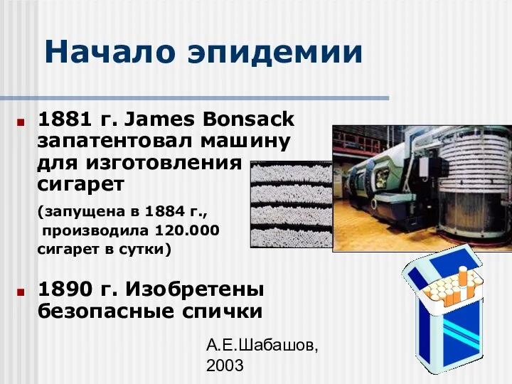 А.Е.Шабашов, 2003 Начало эпидемии 1881 г. James Bonsack запатентовал машину для