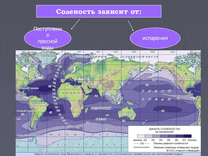 Соленость зависит от: Поступления пресной воды испарения