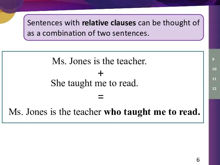 Ms. Jones is the teacher. Sentences with relative clauses can be