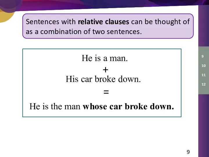 He is a man. Sentences with relative clauses can be thought